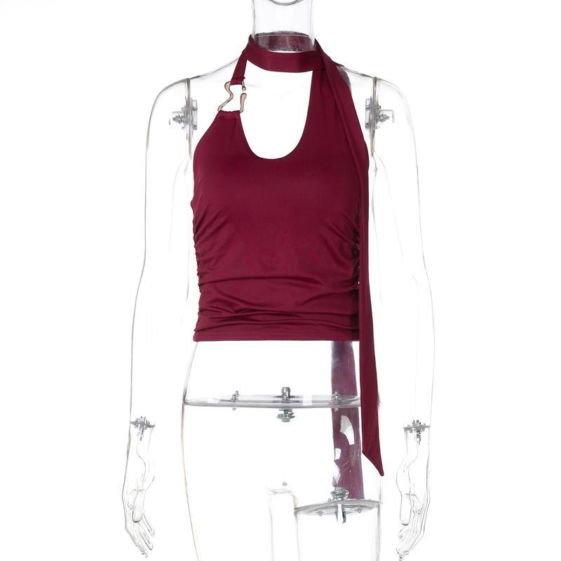 

Gusty Street Shot Sexy Ins Style Metal Buckle Design Halterneck Ribbon Tops Trendy Cool Adult Lady like Woman Sleeveless Camisole Burgundy S