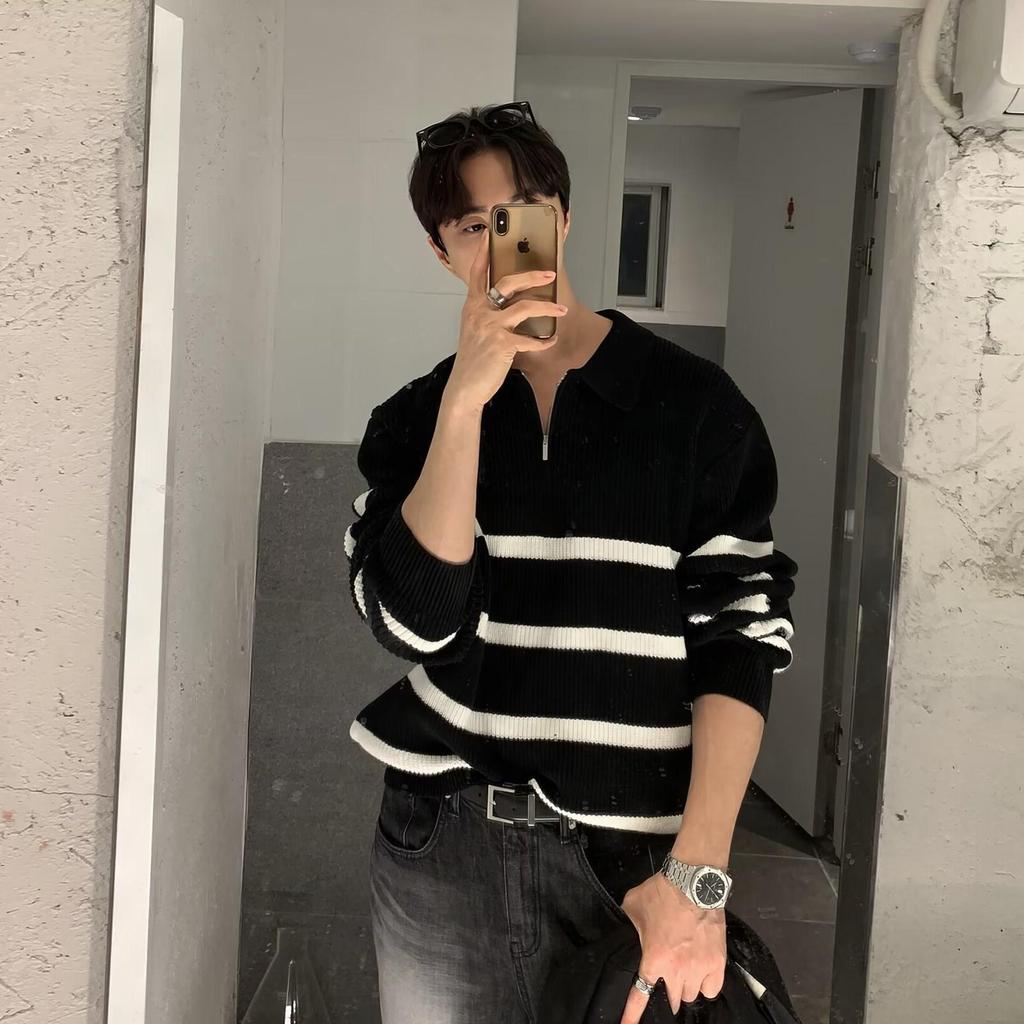 Men's Striped Half-Zip Sweater: Autumn/Winter, High-End, Casual, Cool, Thick Knitwear