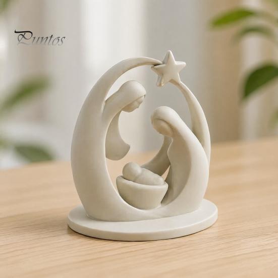 Fireplace Christmas Decor 3D Printed Holy Family Ornament, Abstract Crescent Sculpture with Matte White Home Ornament Star, Religious Desktop