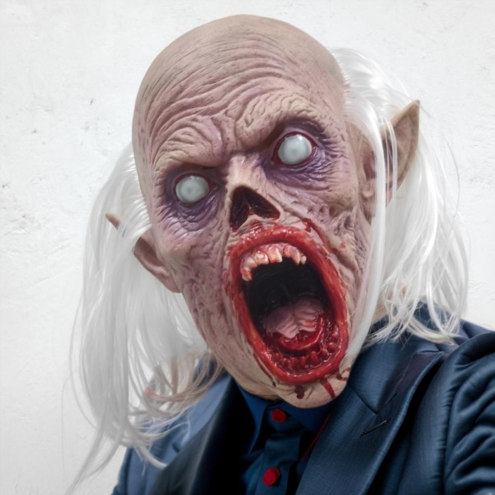 Scary Vampire Halloween Mask Set with White Hair Bloody Mouth Blind Bald Character Teeth Prop for Horror Theme Parties