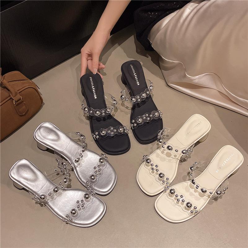 Temperament mit Rock transparent dicker Absatz Damenschuhe 2025 Sommer neu Französische Strass offene Kristallschuhe sexy Ein-Wort-Sandalen