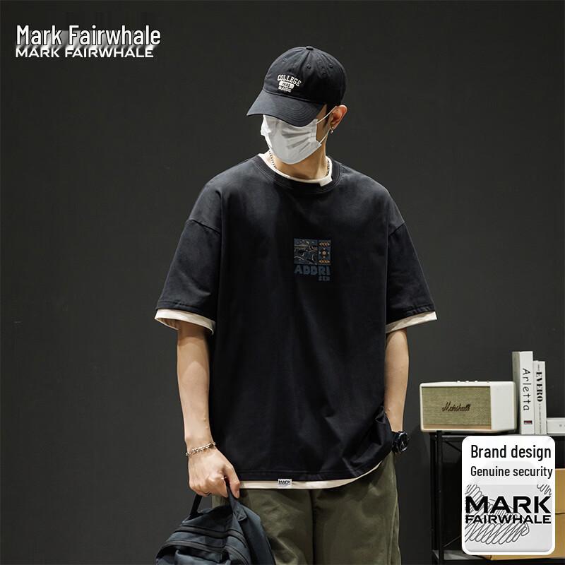 MARK FAIRWHALE Men s American Retro Faux Two-Piece Heavyweight Cotton T-shirt 2XL чёрный