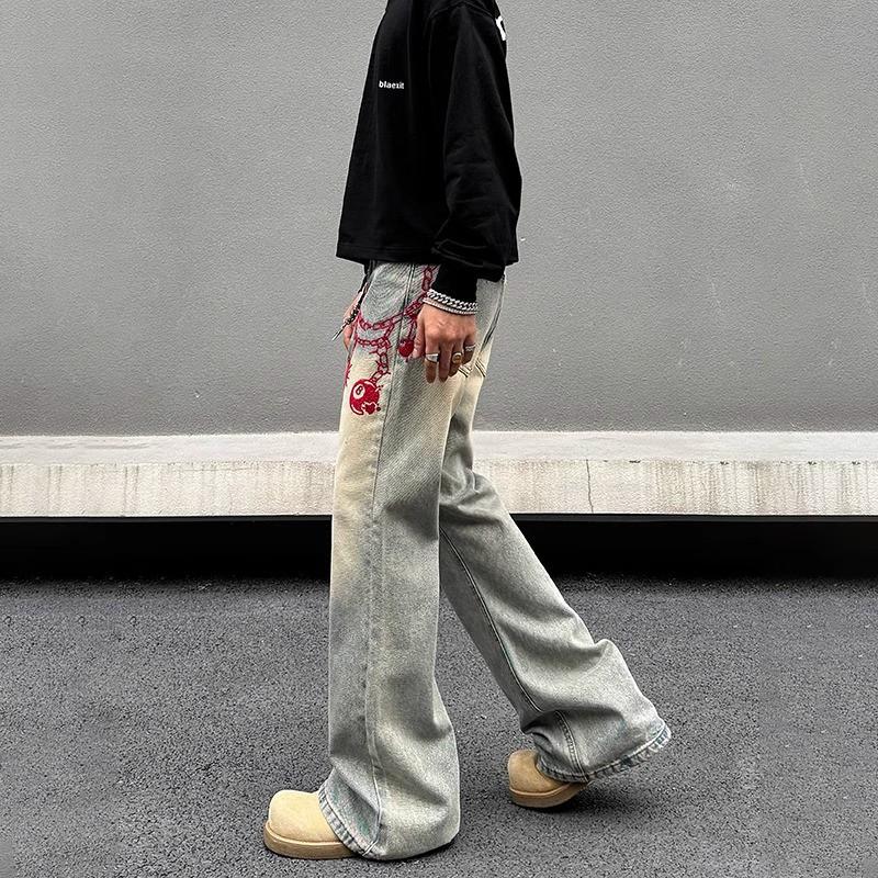 Męskie spłowiałe, postarzane jeansy z szerokimi nogawkami, z haftem, średnio wysokie, prosty krój, styl vintage streetwear