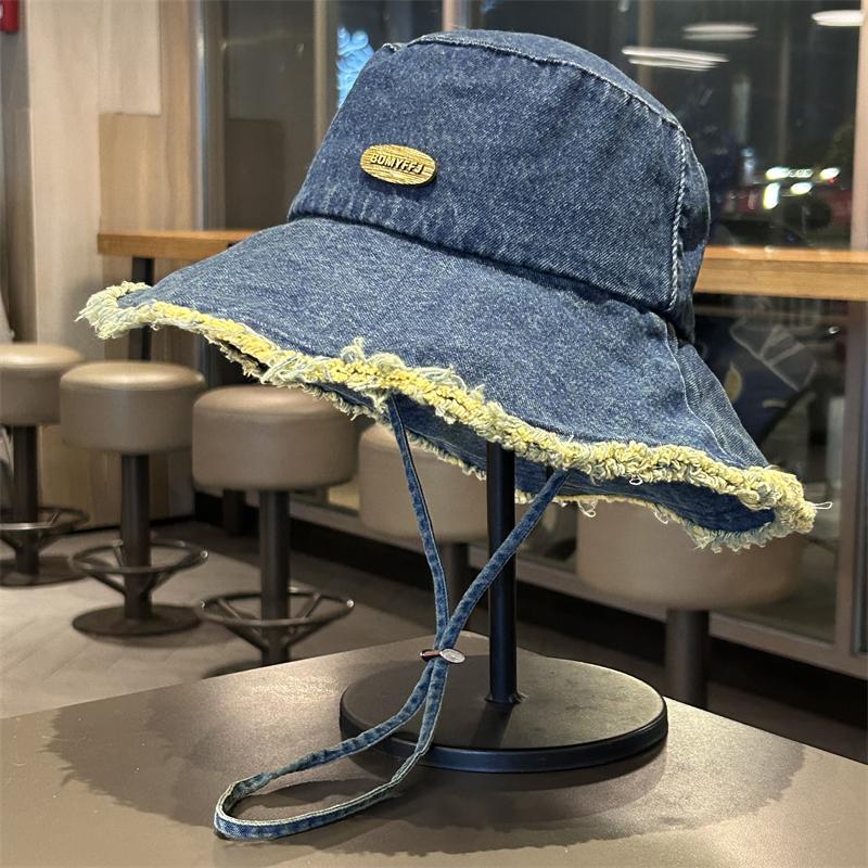

Vintage Washed Denim Cloth Bucket Hats For Women Spring Autumn Wide Brimmed Casual Bucket Cap Foldable Retro Tassel Brim New 56-58cm темно-синий