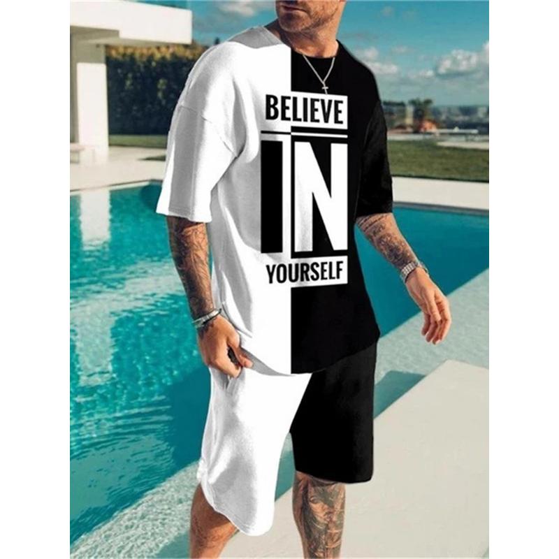 Letní Ležérní Každodenní Pánské Triko Outdoor Sportovní Plážové Kalhoty Street Fashion Krátký rukáv a Šortky se stahovací šňůrkou Pánský oblek