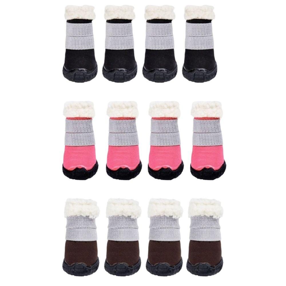 4pcs/set Warm Non-Slip Dog Shoes Thick Plush Soft Sole Winter Pet Boots Breathable Comfortable Dog Cotton Shoes Rain Snow Day