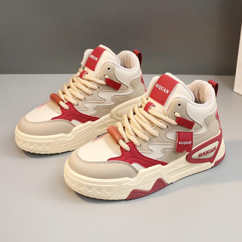 

[Customized] HW2066 velvet high-top color matching women s shoes 2025 winter new trendy student ins Korean version of leisure 35