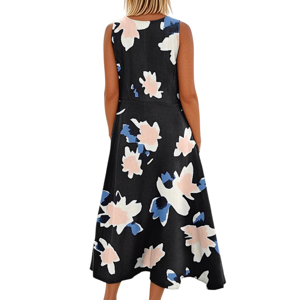 Damenmode Sommer Lässig Ärmellos Floral Bedruckt Kleine Tasche Kleider