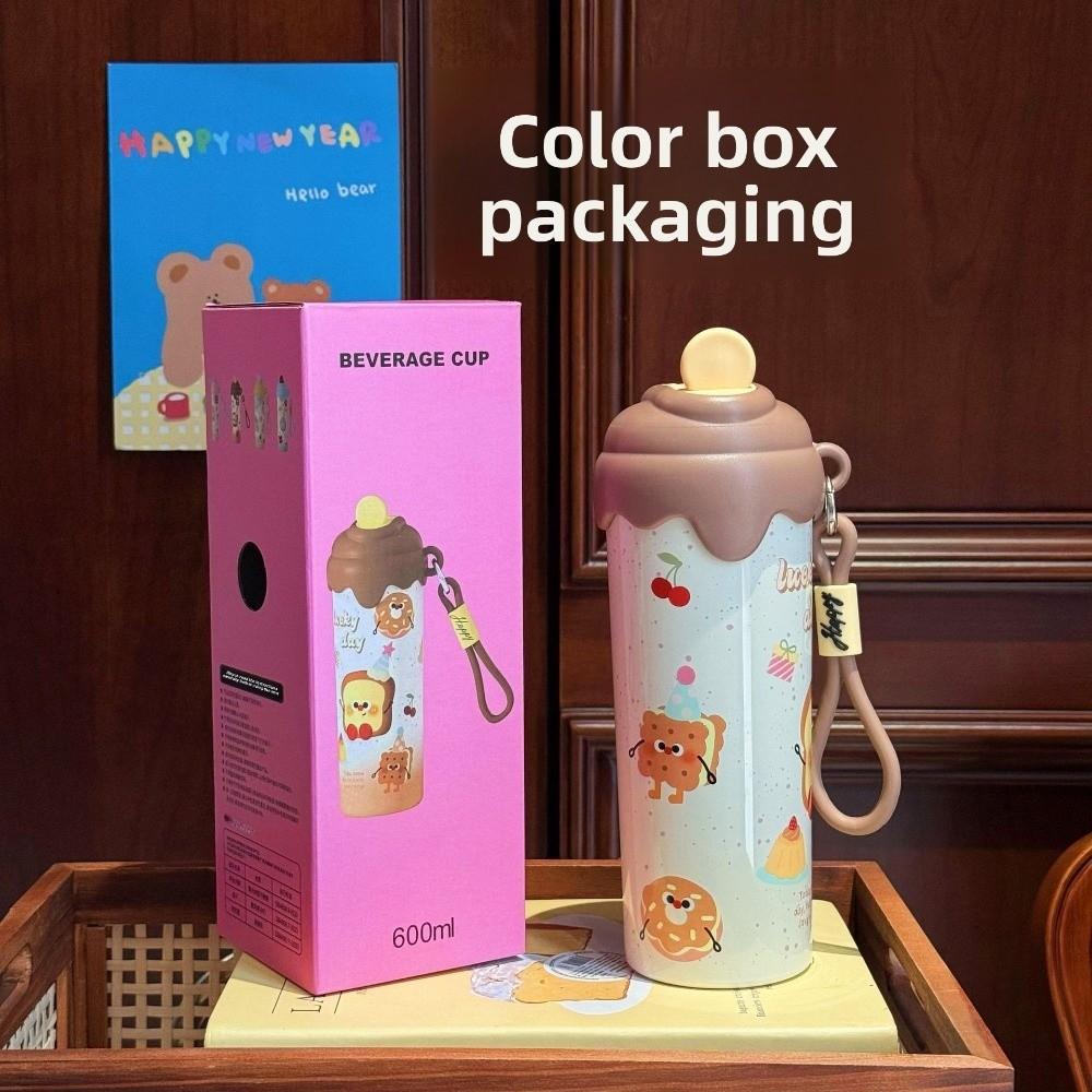 Cute Ice Cream Insulated Cup 600ml with Lanyard Vacuum Sippy Mug Stainless Steel with Straw Car Coffee Cup Gifts