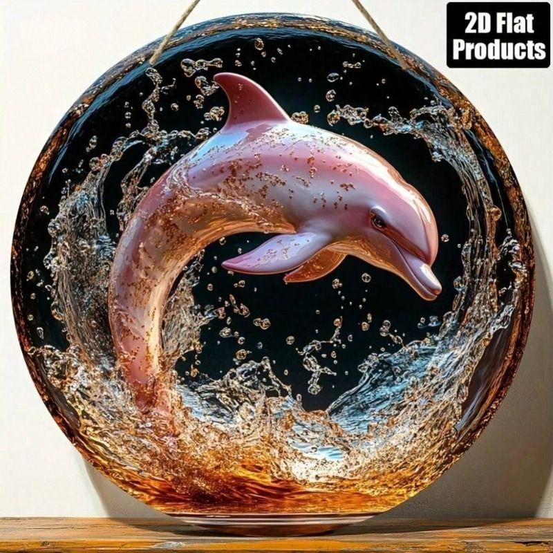 Metal Wall Art Dolphin Round Plate 20cm Home Decor