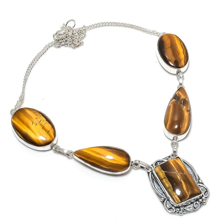 Natural Tiger Eye Gemstone 925 Sterling Silver Jewelry Necklace 18" b4H66