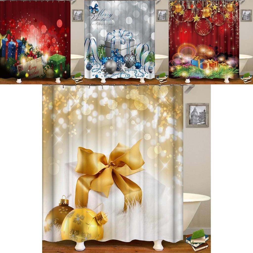 Festive Christmas Gift Boxes In Snow Shower Curtain Waterproof Fabric With Hooks