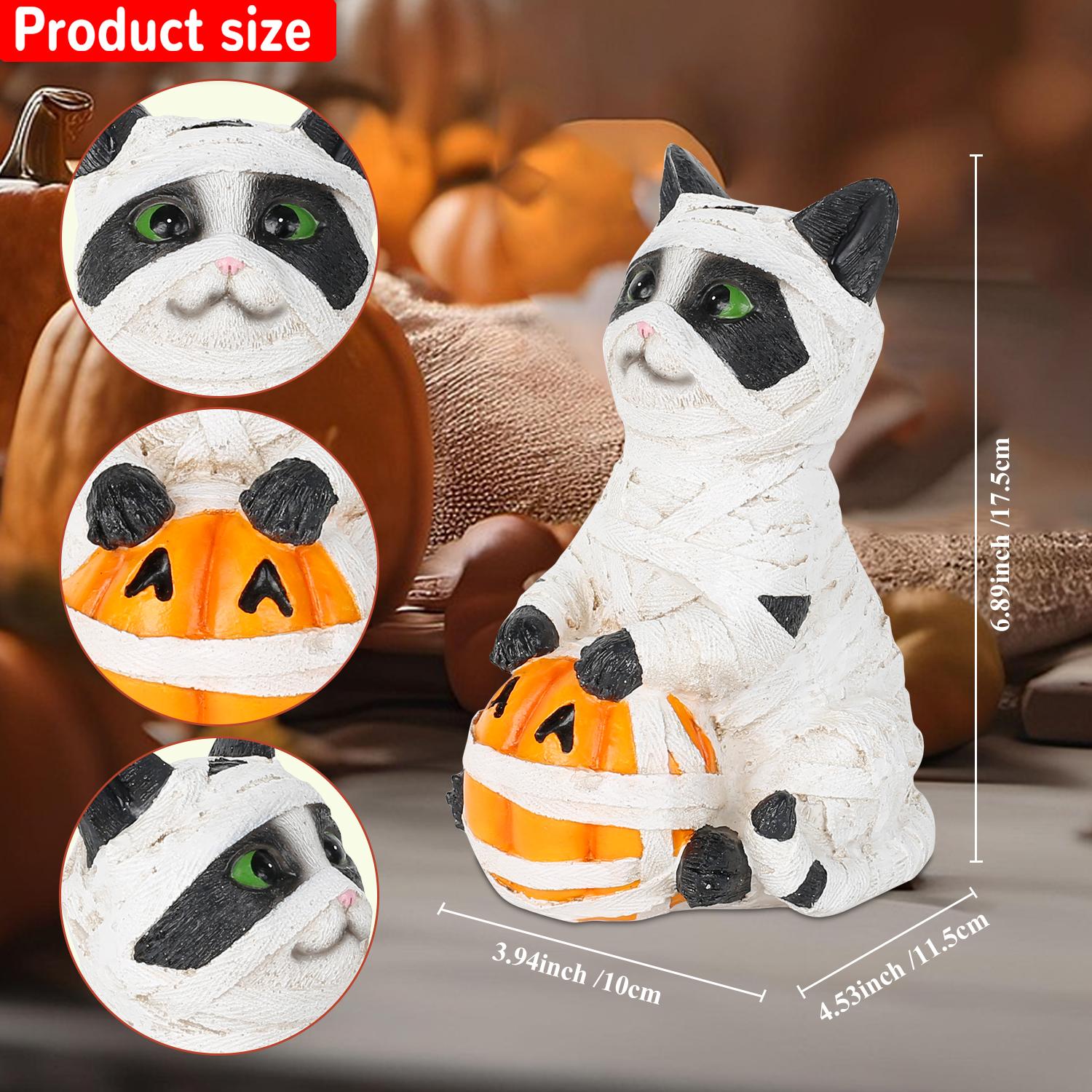 

Resin Spooky Mummy Cat Figurine Halloween Decor Holding Pumpkin Sculpture Indoor Home Table Bookshelf Ornament Holiday Display