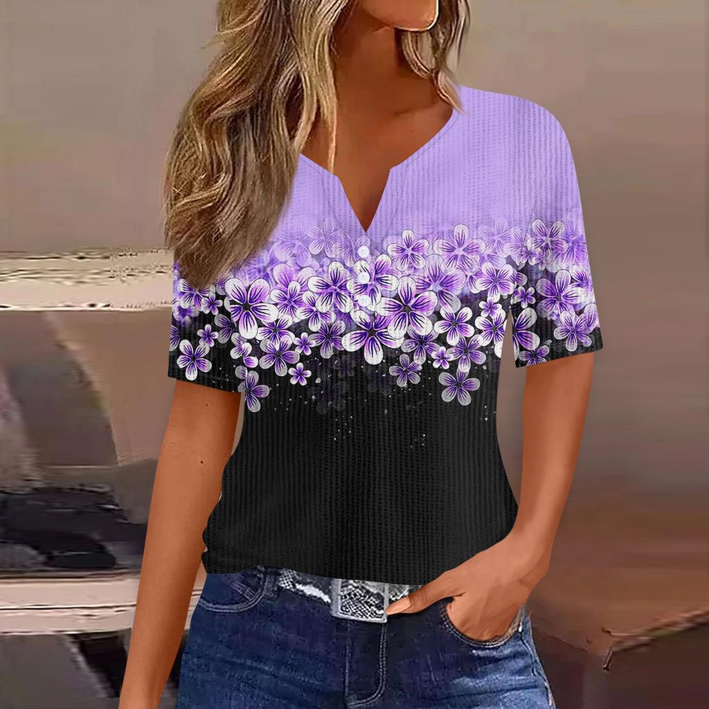T Shirts For Women Pleated V Neck Dressy Casual Blouses Printing Short Sleeve Summer Tops Loose Fit