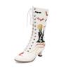 Fashion 2025 New Halloween Cosplay Boots Women Embroidery Witch Shoes Lace-up Kitten Heels Vintage Victorian Boots Party Woman