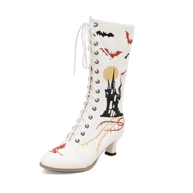 Fashion 2025 New Halloween Cosplay Boots Women Embroidery Witch Shoes Lace-up Kitten Heels Vintage Victorian Boots Party Woman