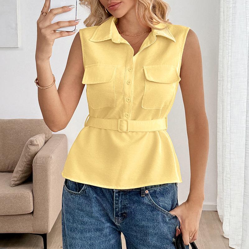 Womens Button Down Shirts Summer Sleeveless Belted Blouse Button Down Tank Top Casual Collared Blouse Top S жёлтый