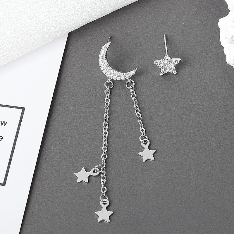 Fashionable Asymmetric Star Moon Rhinestone Tassel Earrings Unique Design Dangle Ear Studs For Women