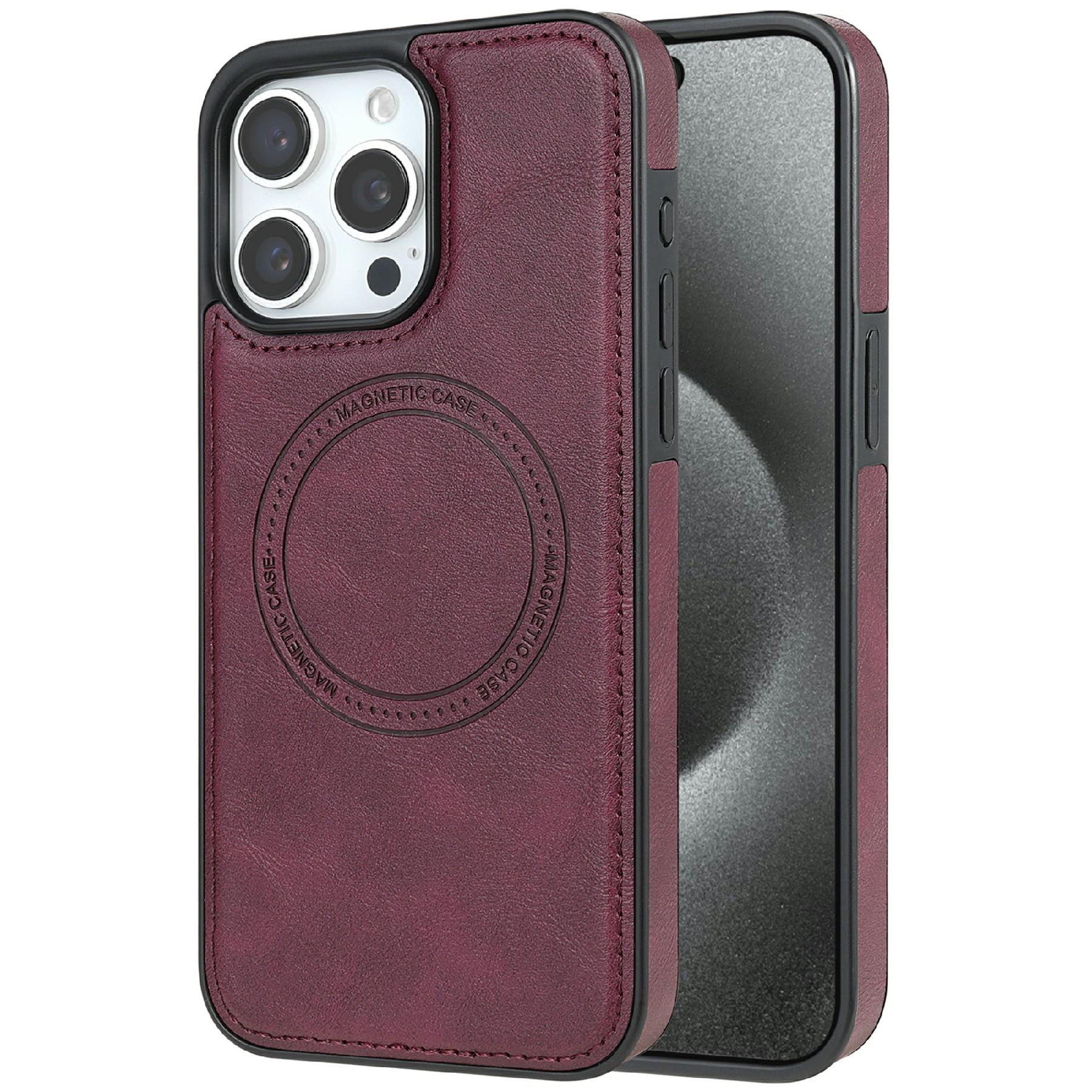 

CSJ-P3 For iPhone 15 Pro Case Compatible with MagSafe PC+TPU+Leather Back Cover Wine Red