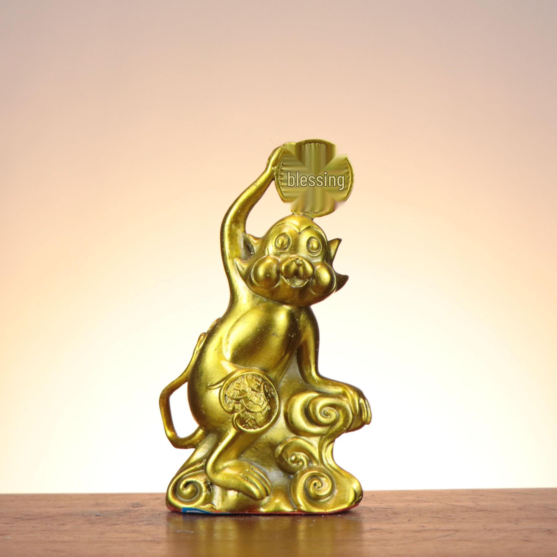 Bronze Ruyi Monkey Figurine: Auspicious Golden Blessings Ornament with Fu Character