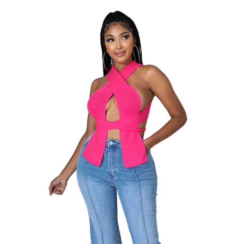 Solid Color Outerwear Thread Hollow-out Slim-Fit Short Top Hanging Neck