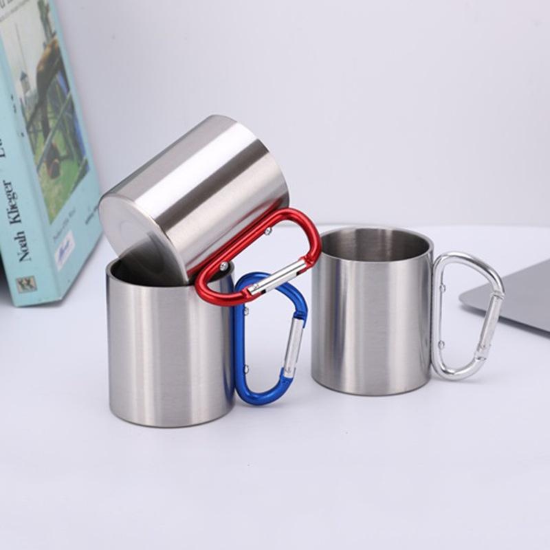 220ML Camping Travel Stainless Steel Cup Carabiner Hook Handle Picnic Water Mug Outdoor Travel Hike Cup