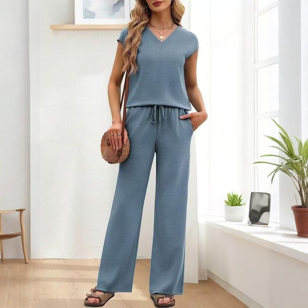 Fashionable Women's Loose V-neck Short Sleeved Top, Loose Casual Wide Leg Pants Set