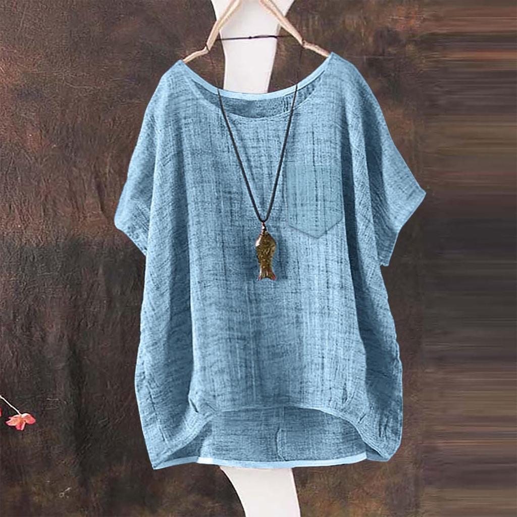Women's Fashion Loose Round Neck Pocket Button Cotton Linen T-Shirt Casual Tops