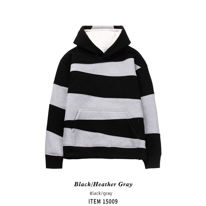 American Retro Style 520g Heavyweight Thick Black and White Striped Sweatshirt for Men, Winter Fleece-Lined Export Men s Casual Jacket Black M