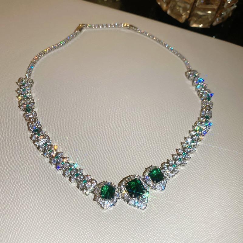 Sparkling zircon square bracelet necklace stud earrings set light luxury high-end exquisite dress banquet temperament jewelry women