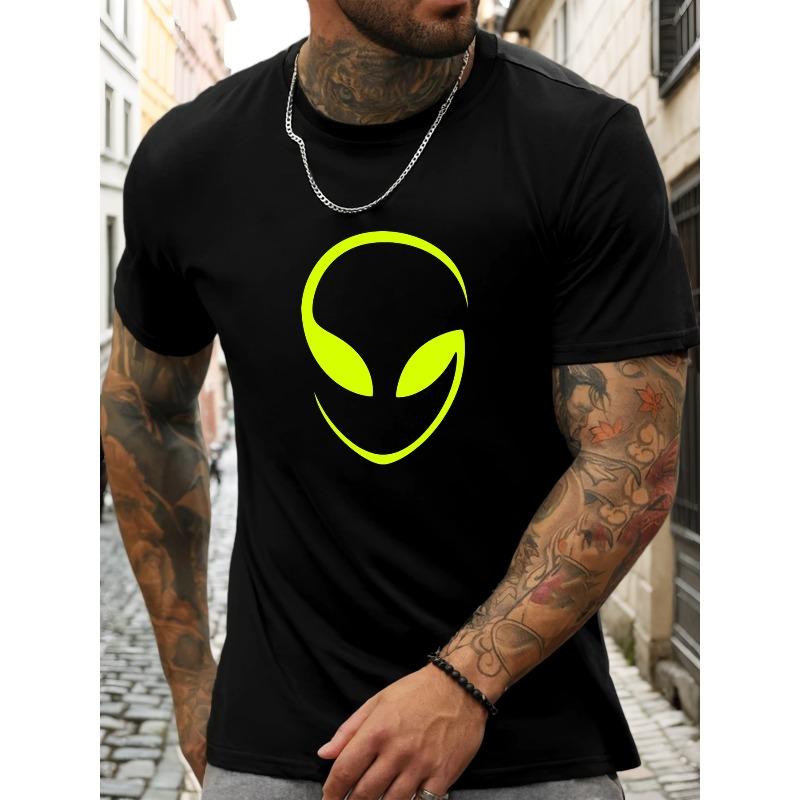 Europäische Größen Herren Alien-Thema Kurzarm-T-Shirt - Sommerlich Lässig Rundhals Unifarbenes Tee mit Alien, Kurzer Schnitt für Heißes Wetter