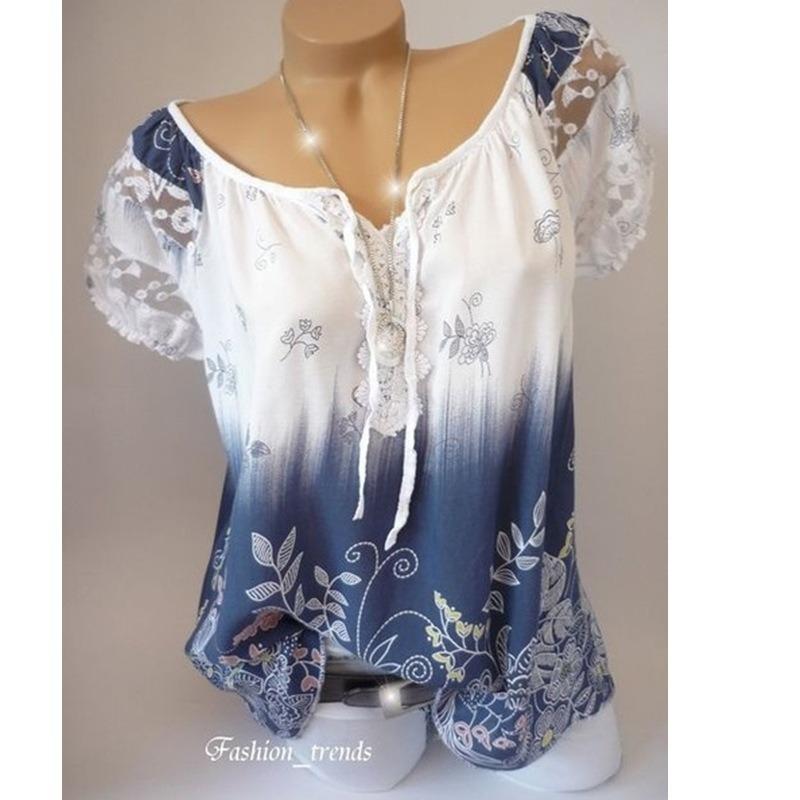 

Женские летние топы с V-образным вырезом, кружевная футболка с коротким рукавом и принтом XXL белый