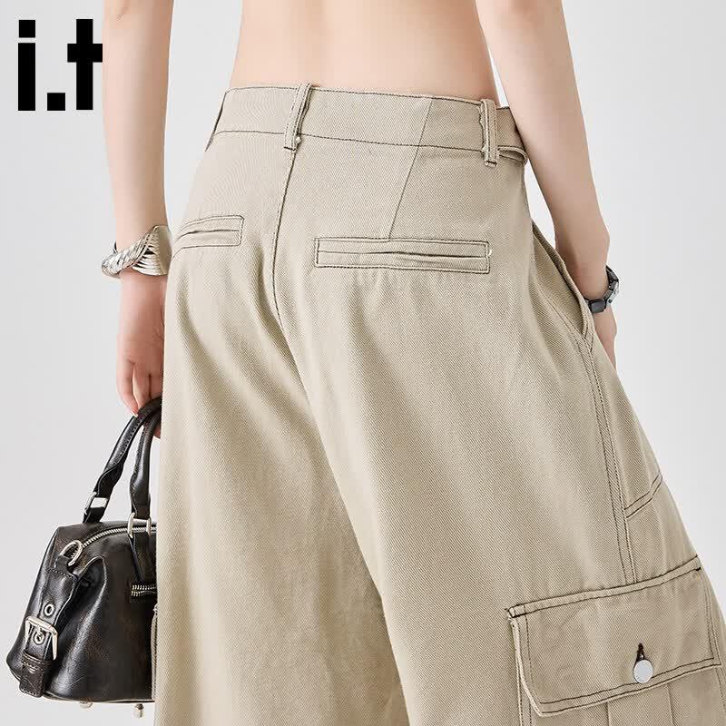 :CHOCOOLATEit Women's Cropped Wide-Leg Denim Cargo Pants