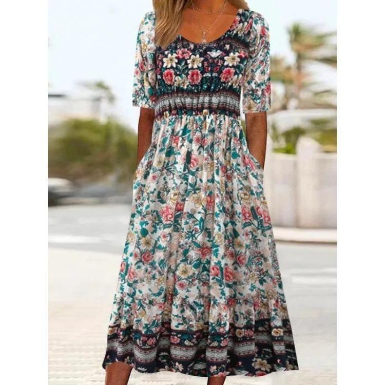 Cool Summer Dress for Women Bohemian Print Retro Round Neck Short Sleeve Long Skirt