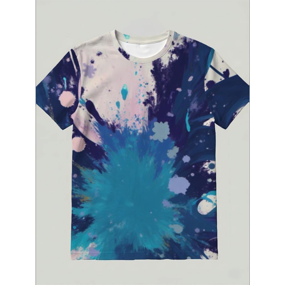 Women's Loose Round Neck T-shirt, Abstract Blue Art Print, Soft and Breathable Short Sleeves,