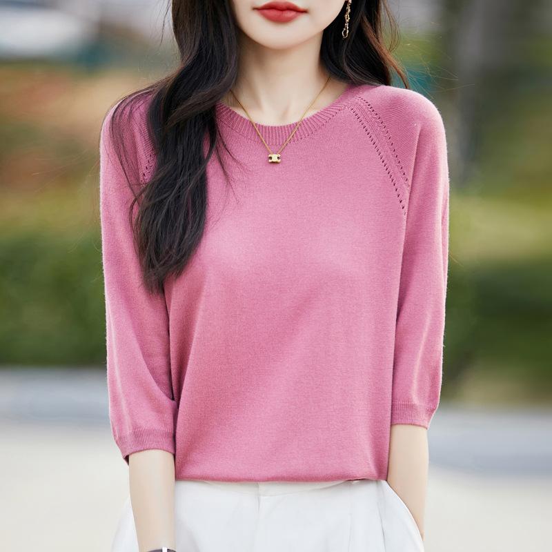 Summer Women's Clothing Crew Neck Knitted Sweater Short-sleeved Five-quarter-sleeved Top