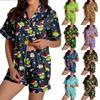 Women's Christmas Print Pajama Set, Short Sleeve Button Down Shirt and Shorts Sleepwear
