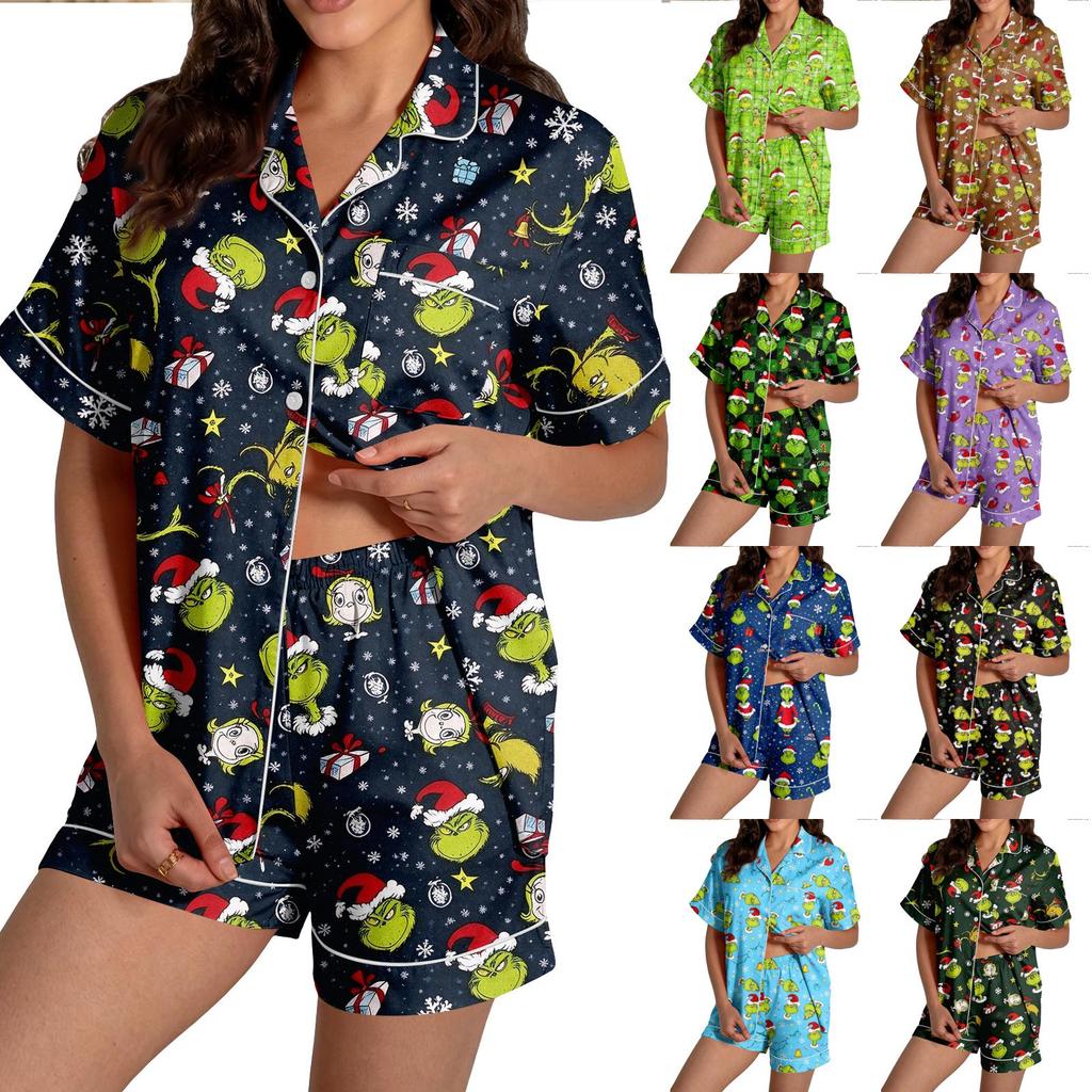 Women's Christmas Print Pajama Set, Short Sleeve Button Down Shirt and Shorts Sleepwear