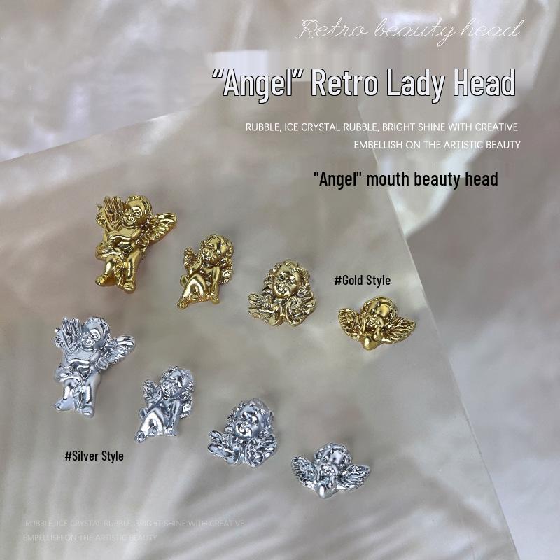 Baroque Angel Relief 3D Nail Art Decorations - Vintage White Metal, 5 Pieces
