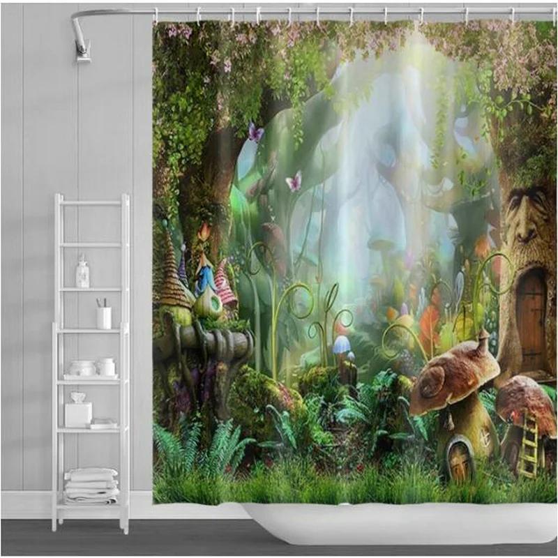 Beautiful Wing Elves Girl Shower Curtain Fantasy Enchanted Forest Bathroom Decor Deer Mushroom Flower Backdrop Hanging Curtains