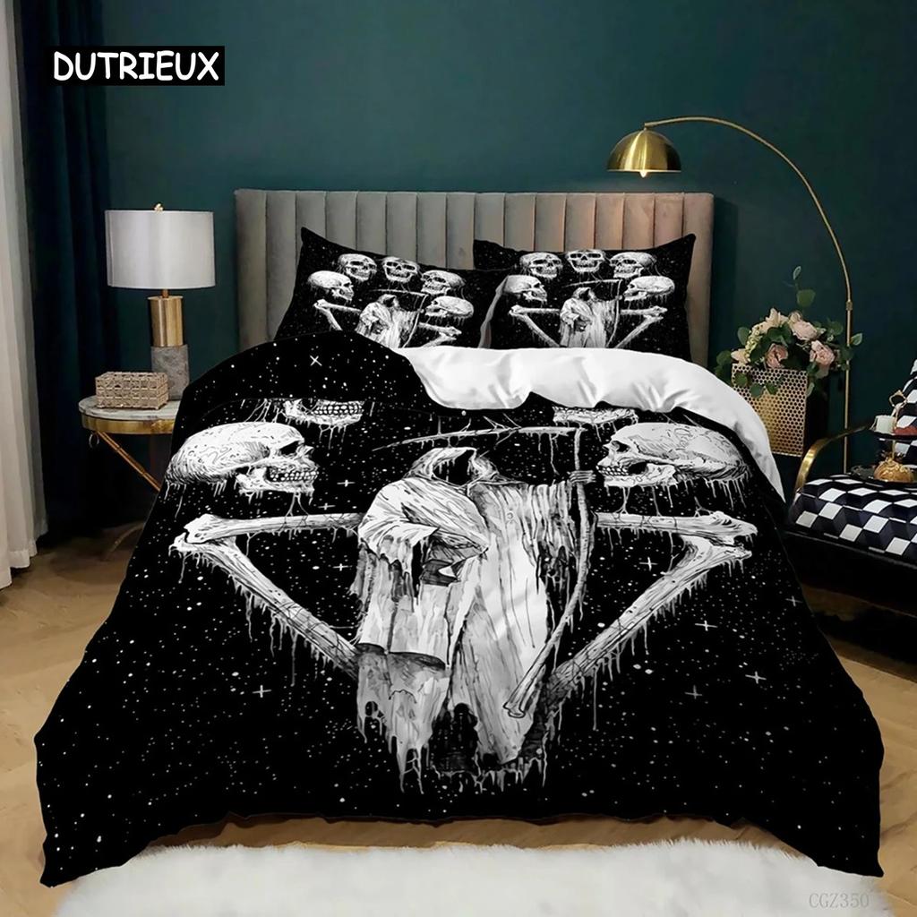 Skull Duvet Cover Set Rose Twin Skeleton Kiss Comforter Cover Teens Gothic Skeleton Double Queen King Size Polyester Qulit Cover