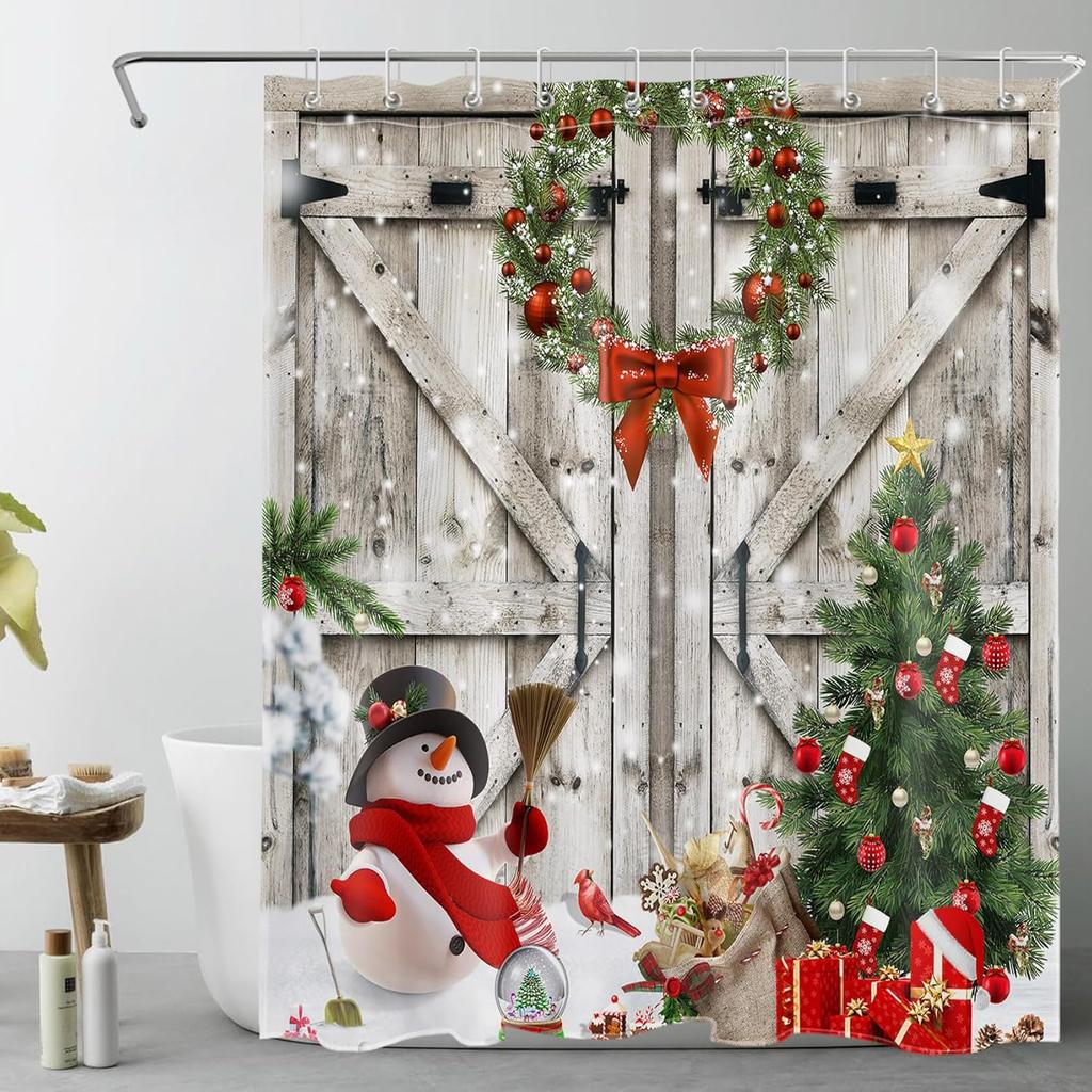 Christmas Shower Curtain for Bathroom,Xmas Pine Tree Forest and White Snowflake on Pink Shower Curtain with Hooks WinterBathroom