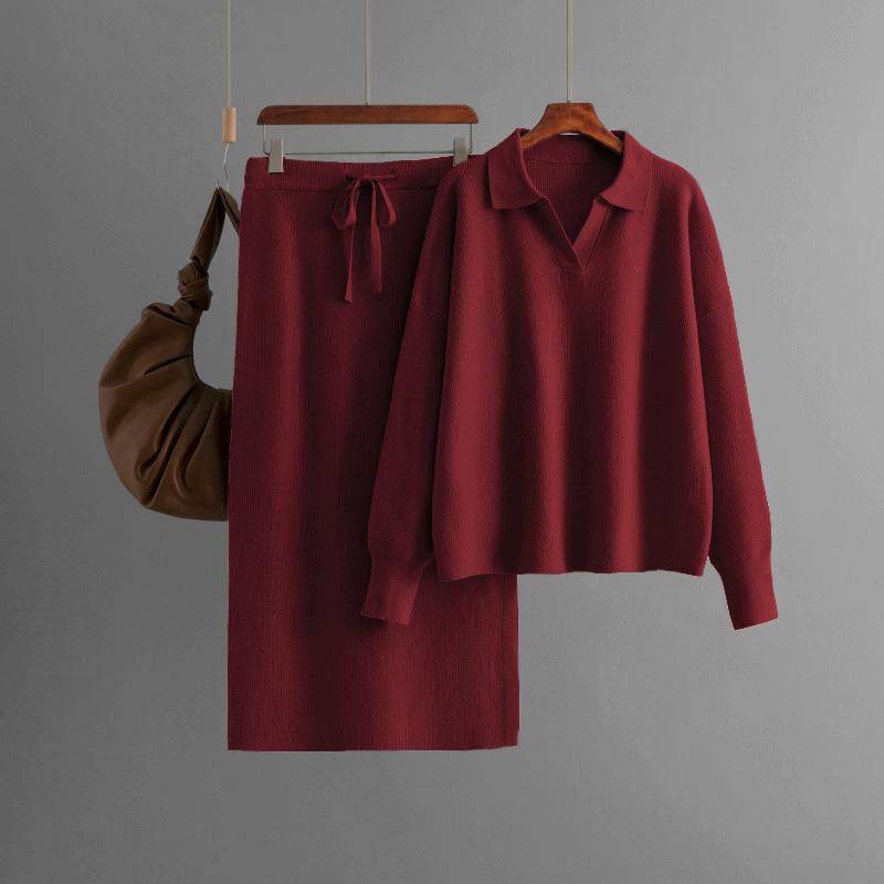 

QICED Однотонный свитер с высоким воротником, Раздельный полуприлегающий к телу, Юбка, Вязаный костюм-двойка для женщин на осень и зиму One Size