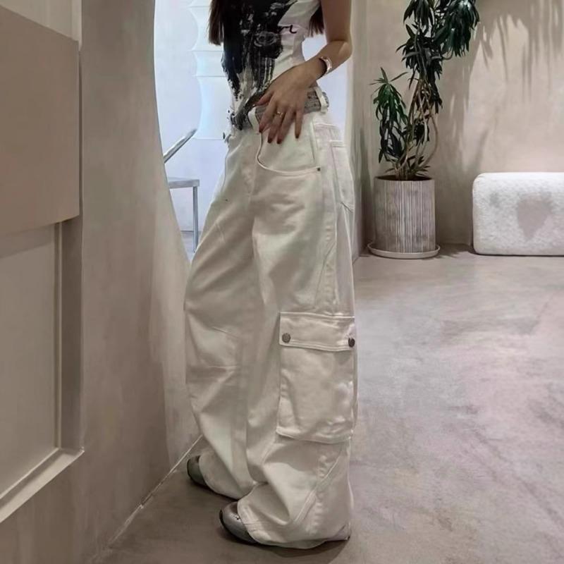 Autumn New High Waist Loose Casual Pockets Straight Jeans Women Wide Leg White Denim Pants Cargo Trousers