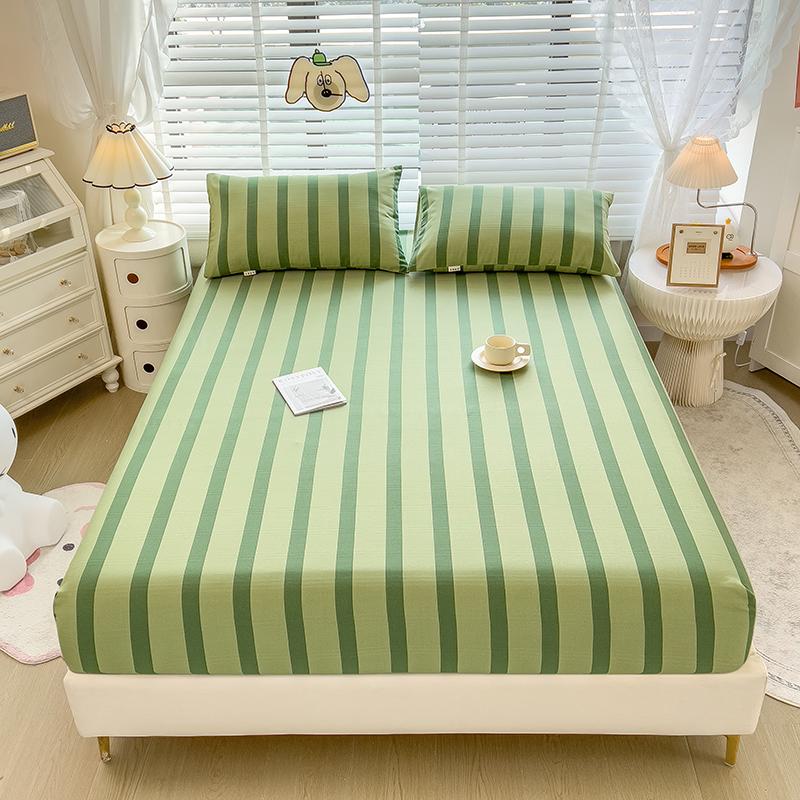 3pcs Grey Striped Cotton Fitted Sheet, Set Adult Kid Teen Bedroom Thickened Bedding with 2 Pillowcases, Geometric Line Bed Cover