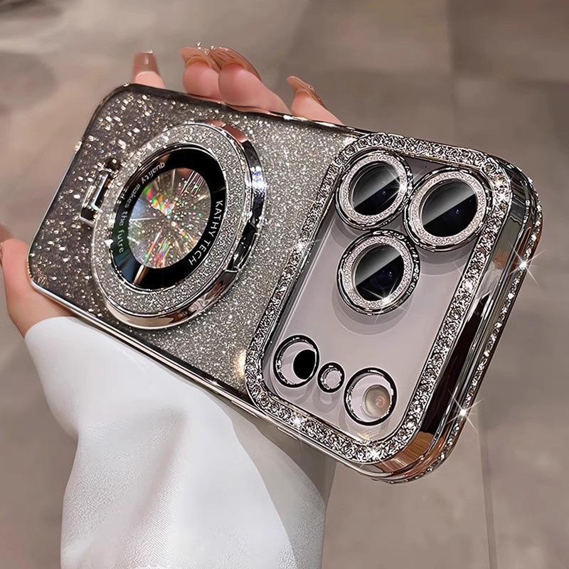 Rhinestone Glitter Magnetic Stand Case with Lens Film for iPhone 17 Pro Max, Drop-proof, Apple 16.
