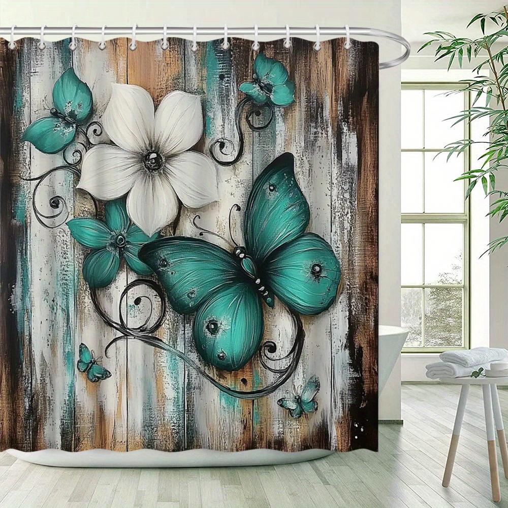 Turquoise Butterfly Digital Art Shower Curtain - Rustic Wood Background, Water-Resistant Polyester