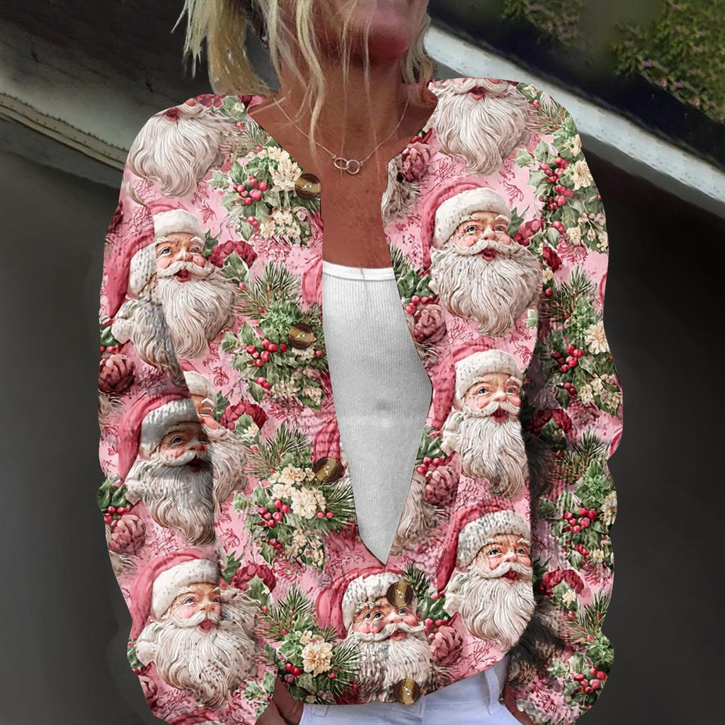 Women's Fashion Christmas Printed Long Sleeve Knitted Cardigan Button Down Jacket