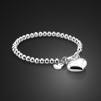 Braccialetto di perline a sfera semplice di alta qualità da 4 mm/6 mm, in argento sterling 100% 925, con cuore, alla moda, per donna e ragazza, catena da 15 cm/20 cm