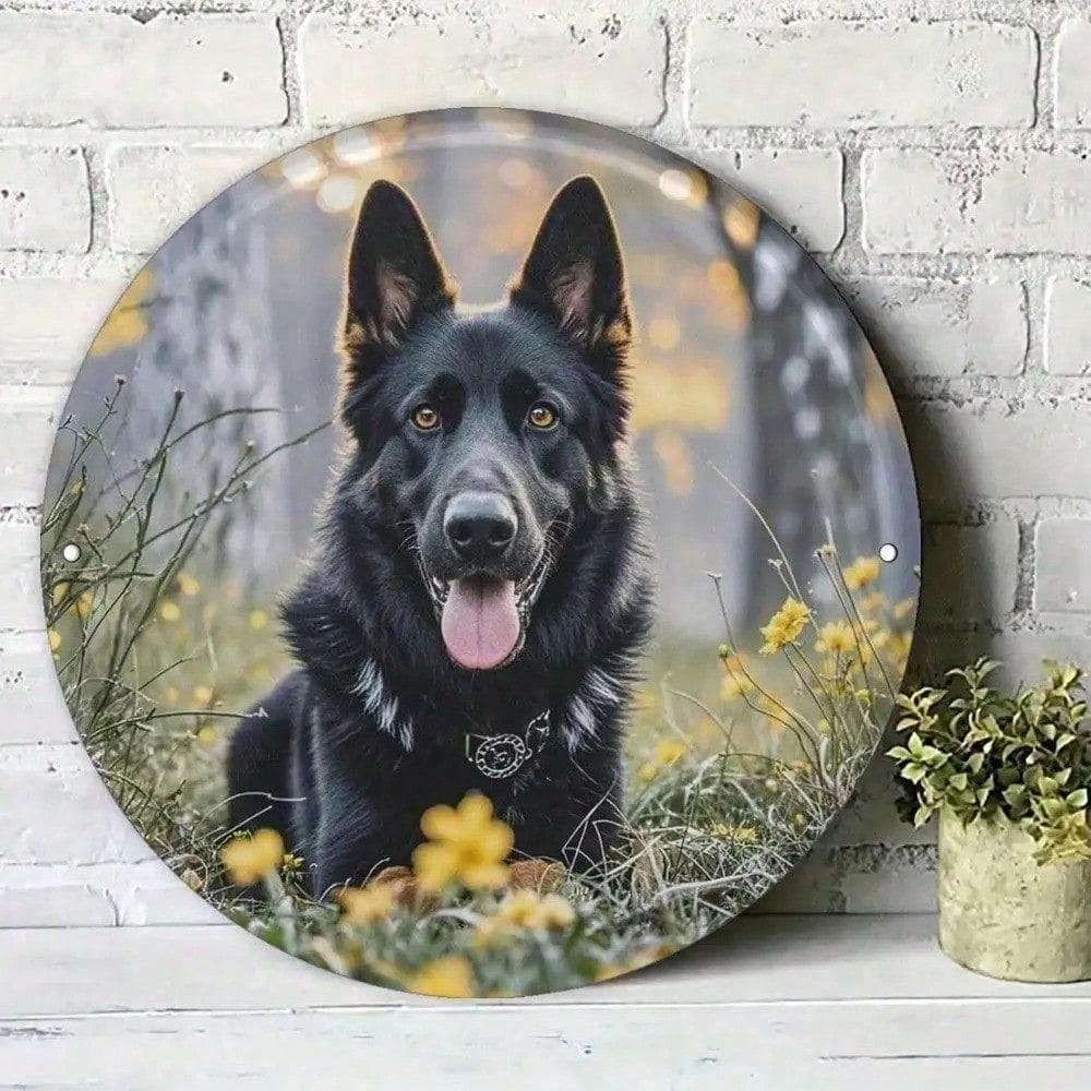 Vintage German Shepherd Metal Sign Round Aluminum Wall Art Black Dog Decor Man Cave Garage разноцветный